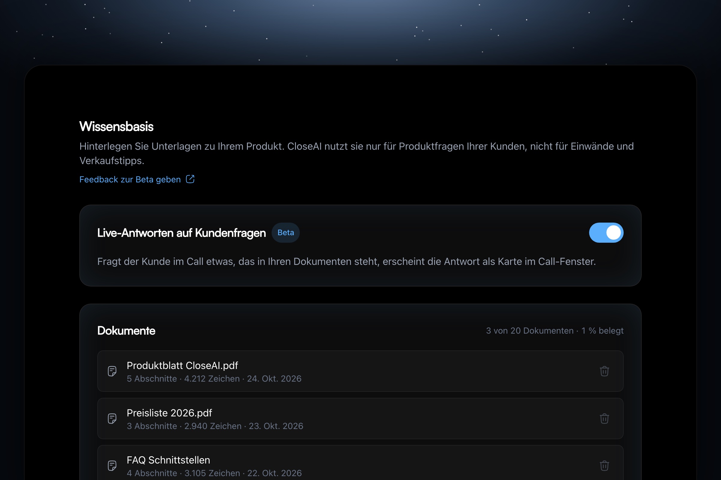 Neu: die Wissensbasis beantwortet Produktfragen live im Call