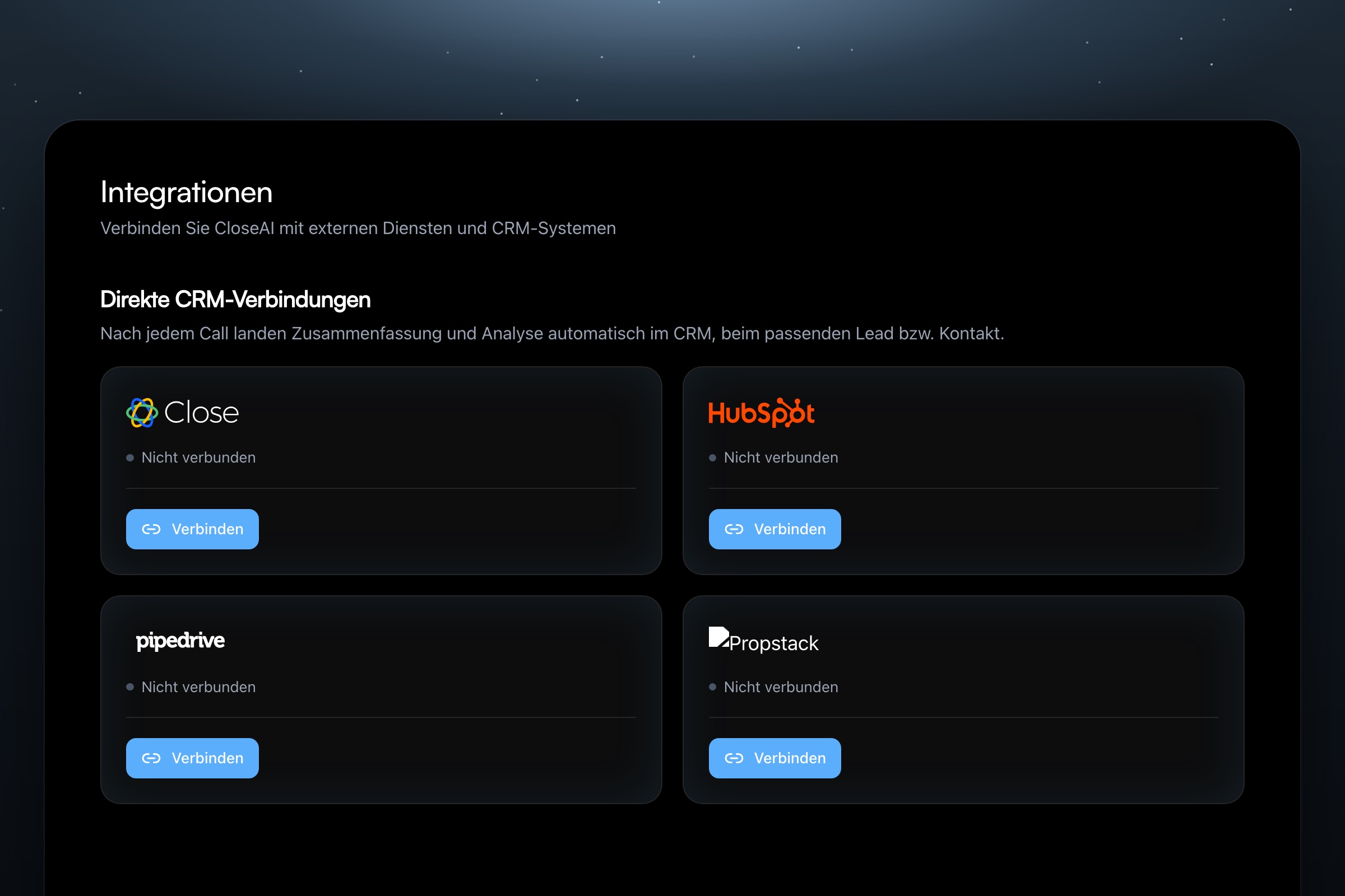 CRM-Integrationen: HubSpot, Pipedrive, Close.com und Propstack direkt verbunden